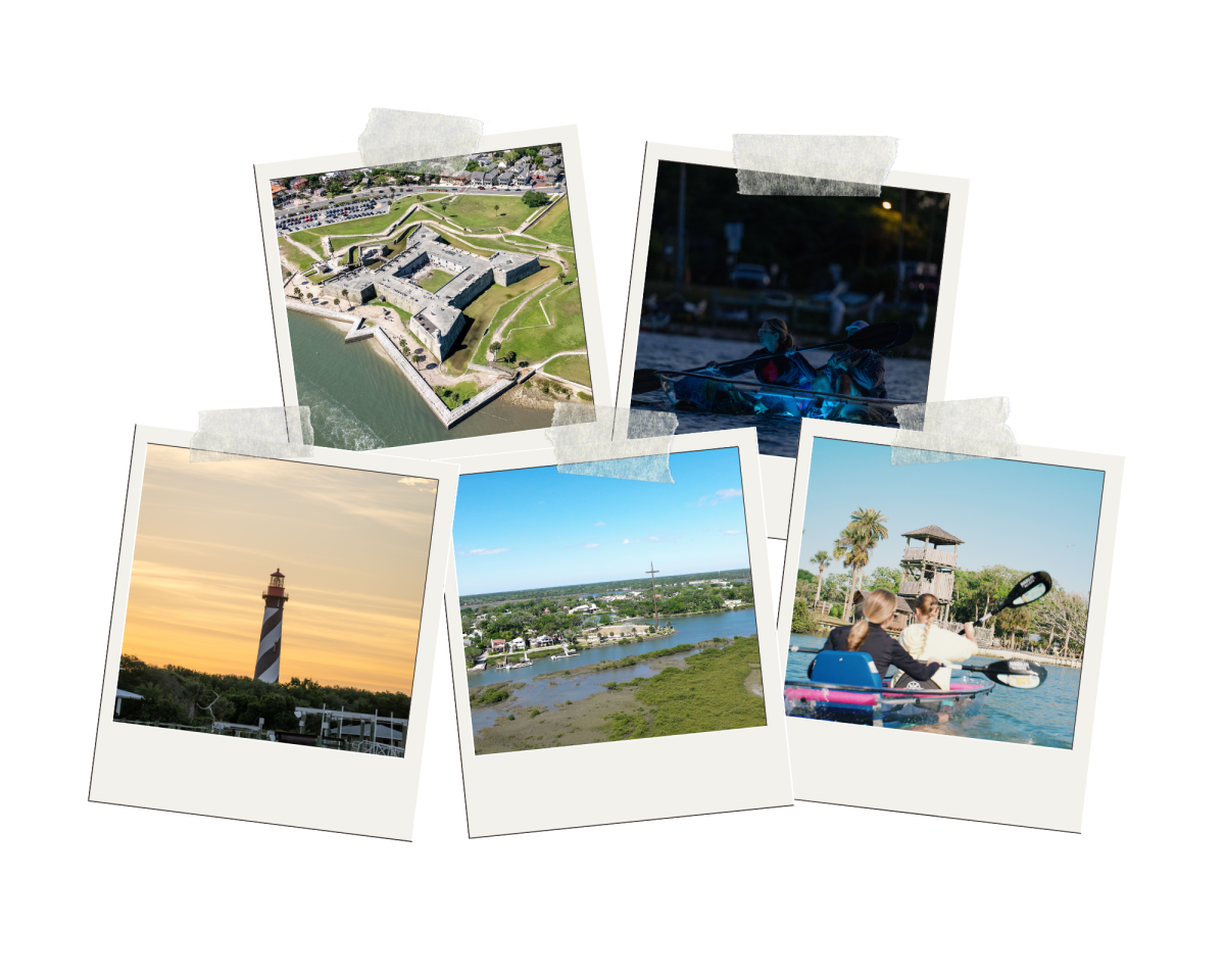 Five Polaroid photos showing a fort, lighthouse, river view, night kayaker, and people kayaking by palm trees.