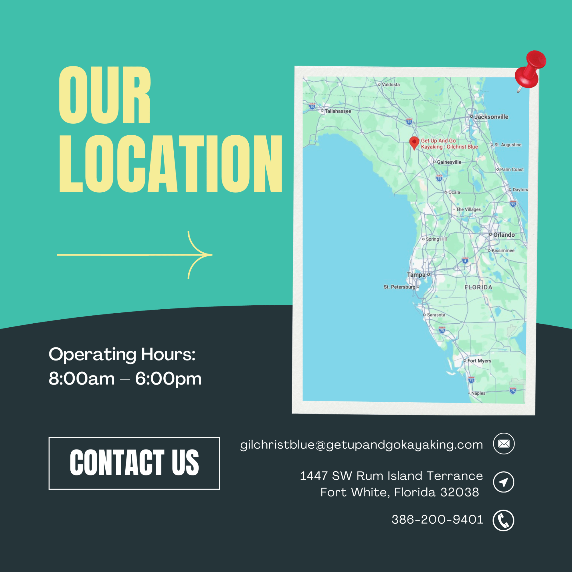 Graphic with a Florida map, contact info, and 'Our Location' text.