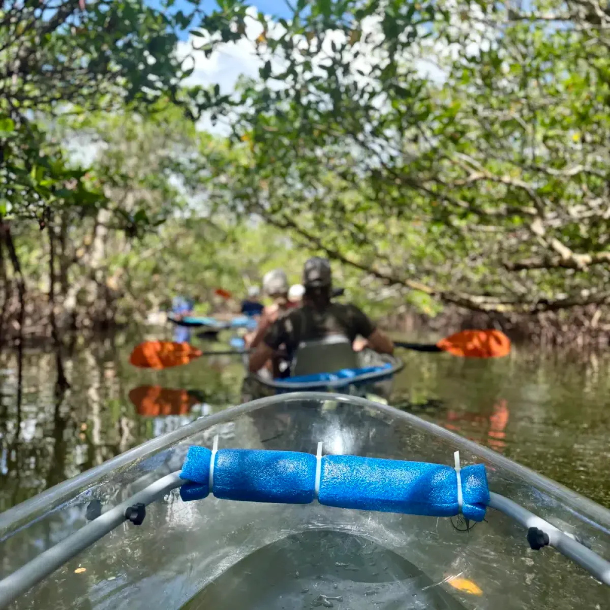 People kayaking through a narrow mangrove waterway with clear skies.