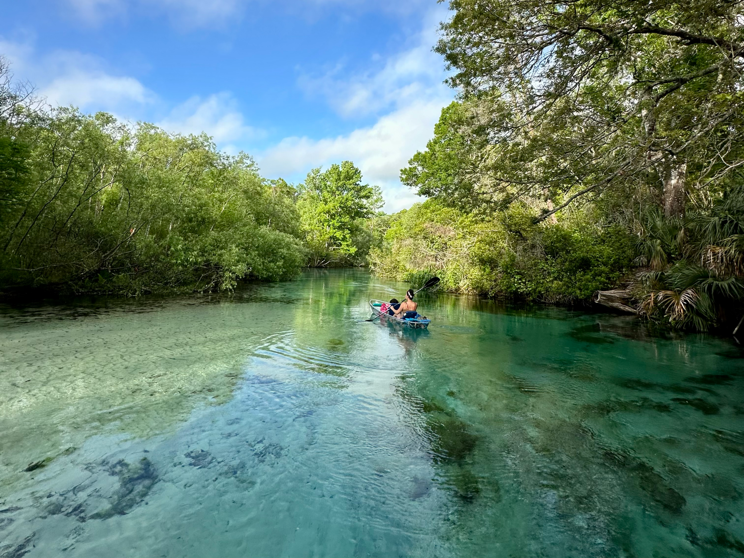 Person kayaking on clear, turquoise river surrounded by lush, green trees.