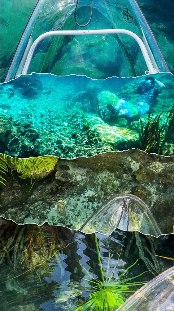 Collage of a clear kayak showing views of water, underwater, and reflections.