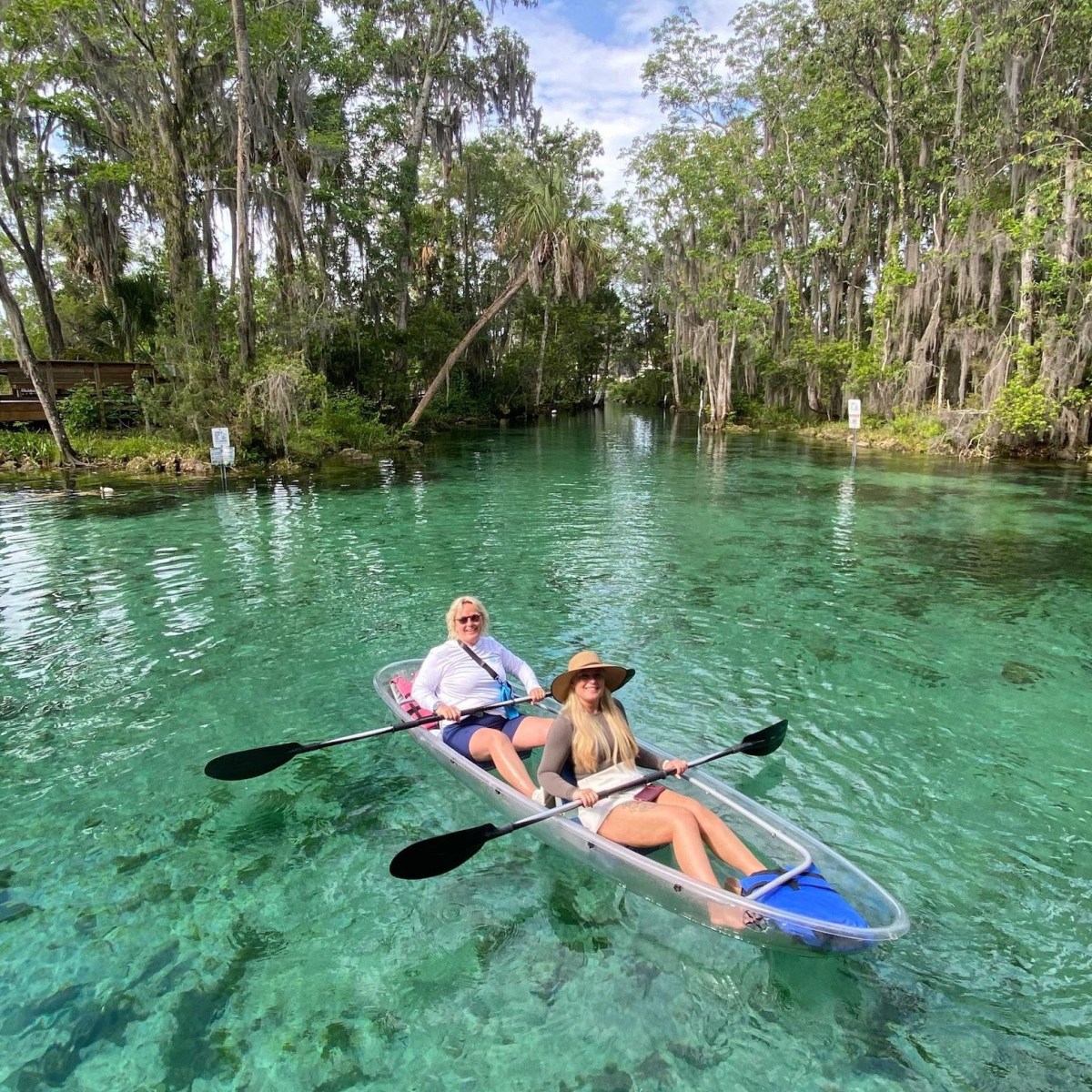 Two people kayaking on clear water in a lush, tree-lined area.