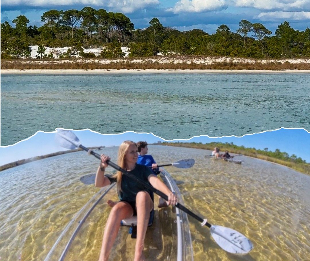 Collage of clear kayak on water with person paddling, sandy shoreline, and greenery.