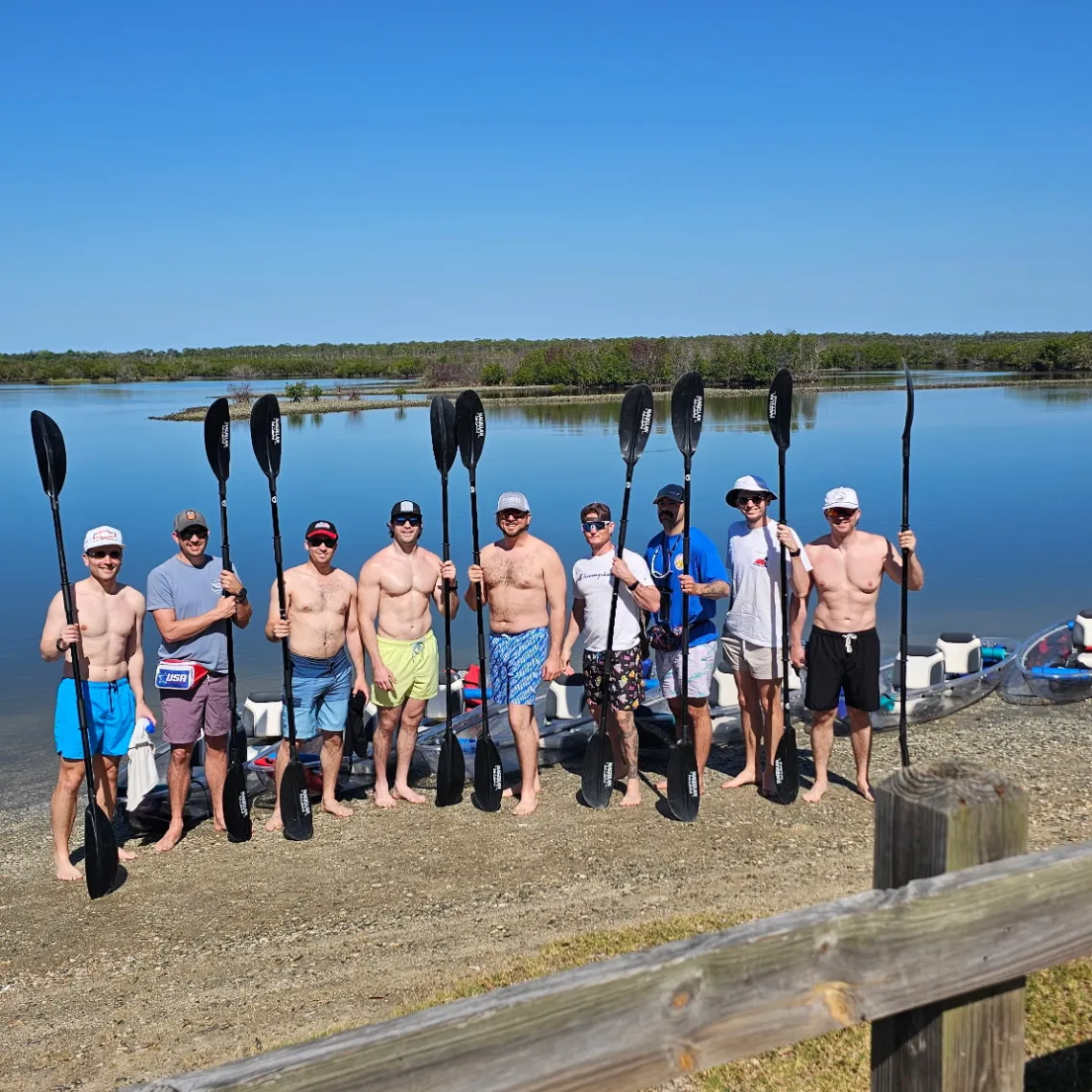 Group of people holding paddles by a lake, clear blue sky.