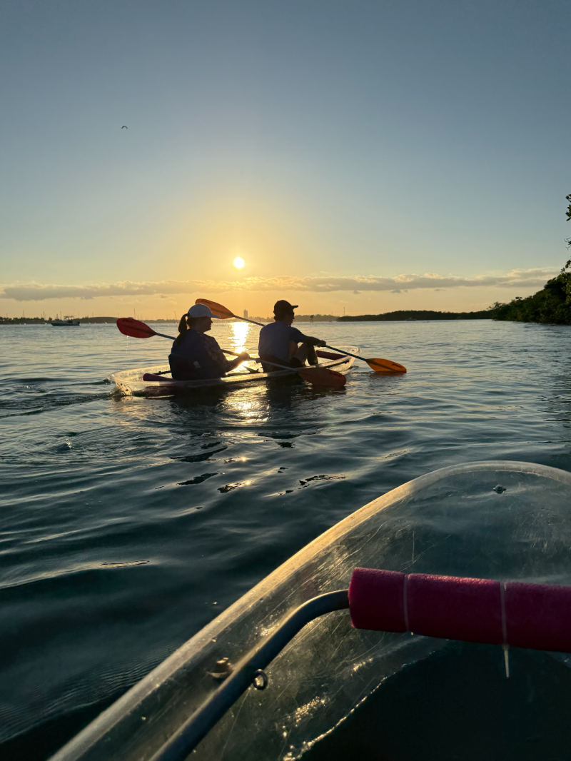 Two people kayaking on calm water at sunset.