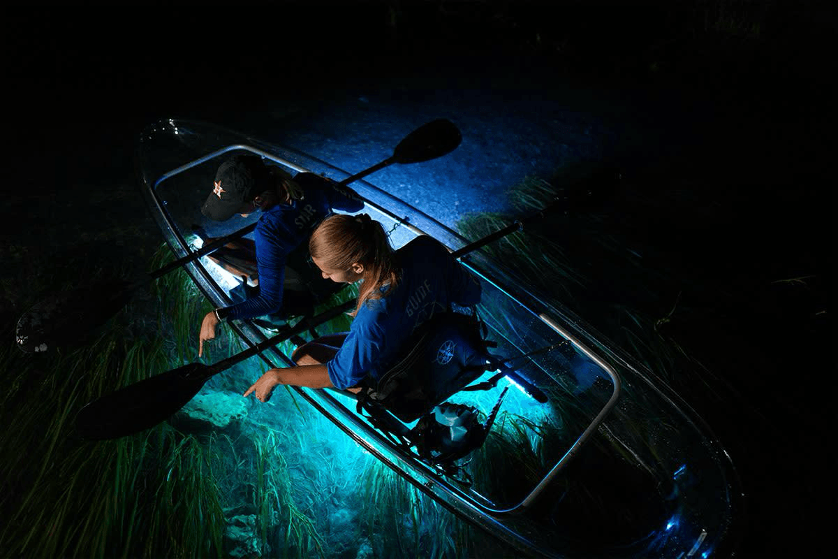 Two people in a clear kayak paddling over illuminated water at night.