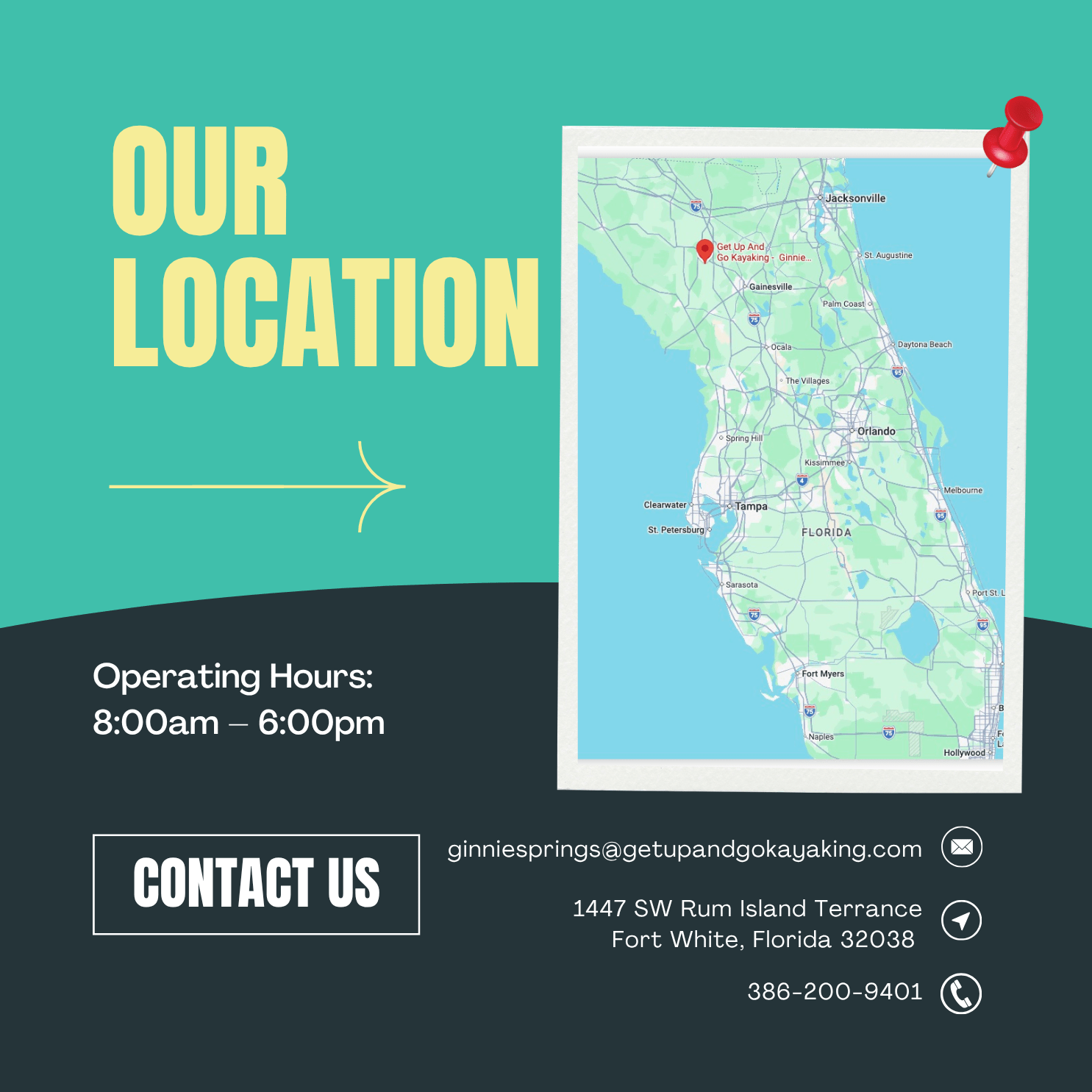Map of Florida with contact details and hours for Ginnie Springs location.