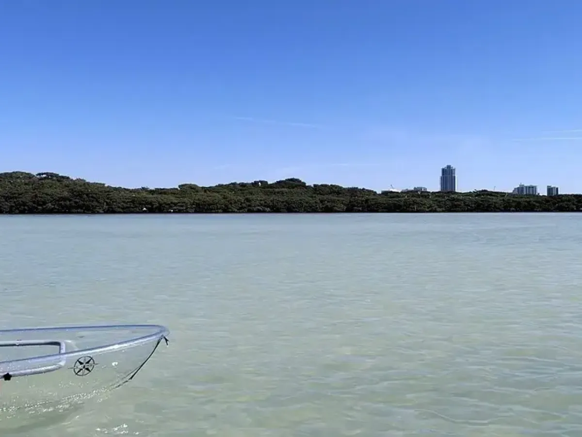 Transparent kayak in calm waters with skyline and greenery in the background.