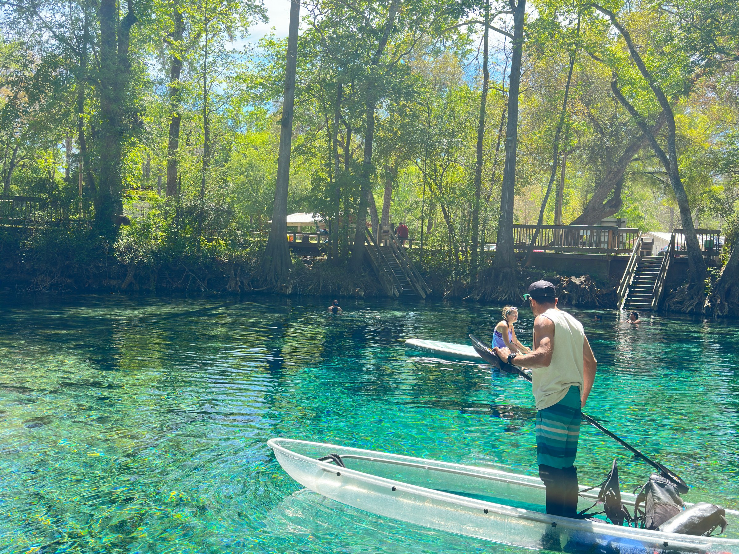 Man paddleboarding on clear water under trees.