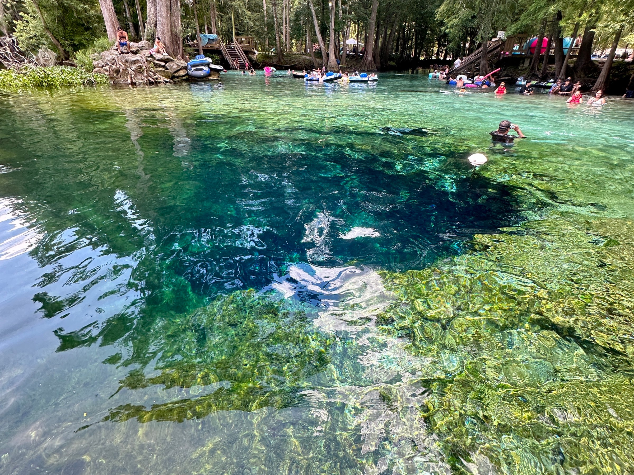 Clear spring water with swimmers and trees in the background.
