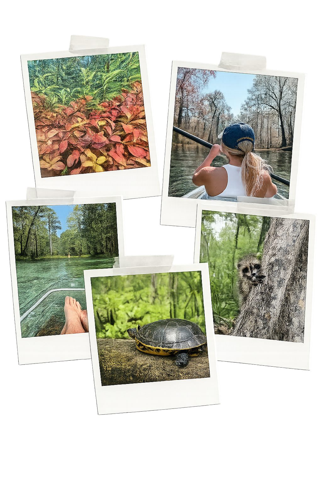 Collage of nature photos: leaves, woman boating, feet on boat, turtle, raccoon on tree.