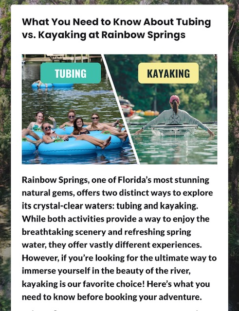 Comparison of tubing and kayaking at Rainbow Springs with descriptive text.