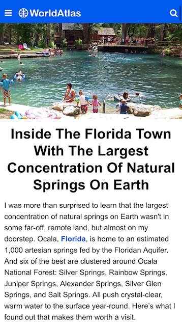 Article about Florida town with many natural springs and scenic water area with people.