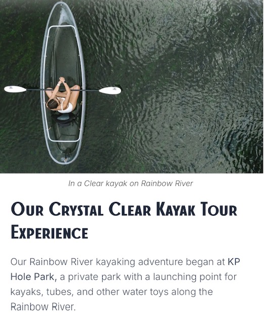 Person kayaking in a clear kayak on a river, text below describing a kayak tour.