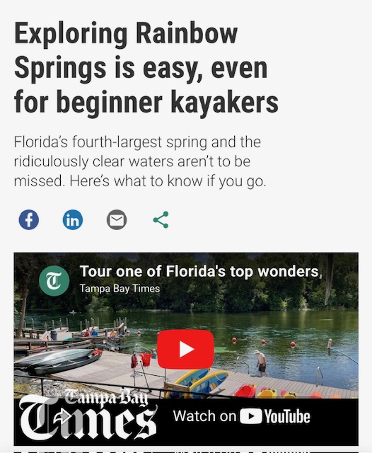 Article titled 'Exploring Rainbow Springs is easy' with a video thumbnail of kayaks on a river.