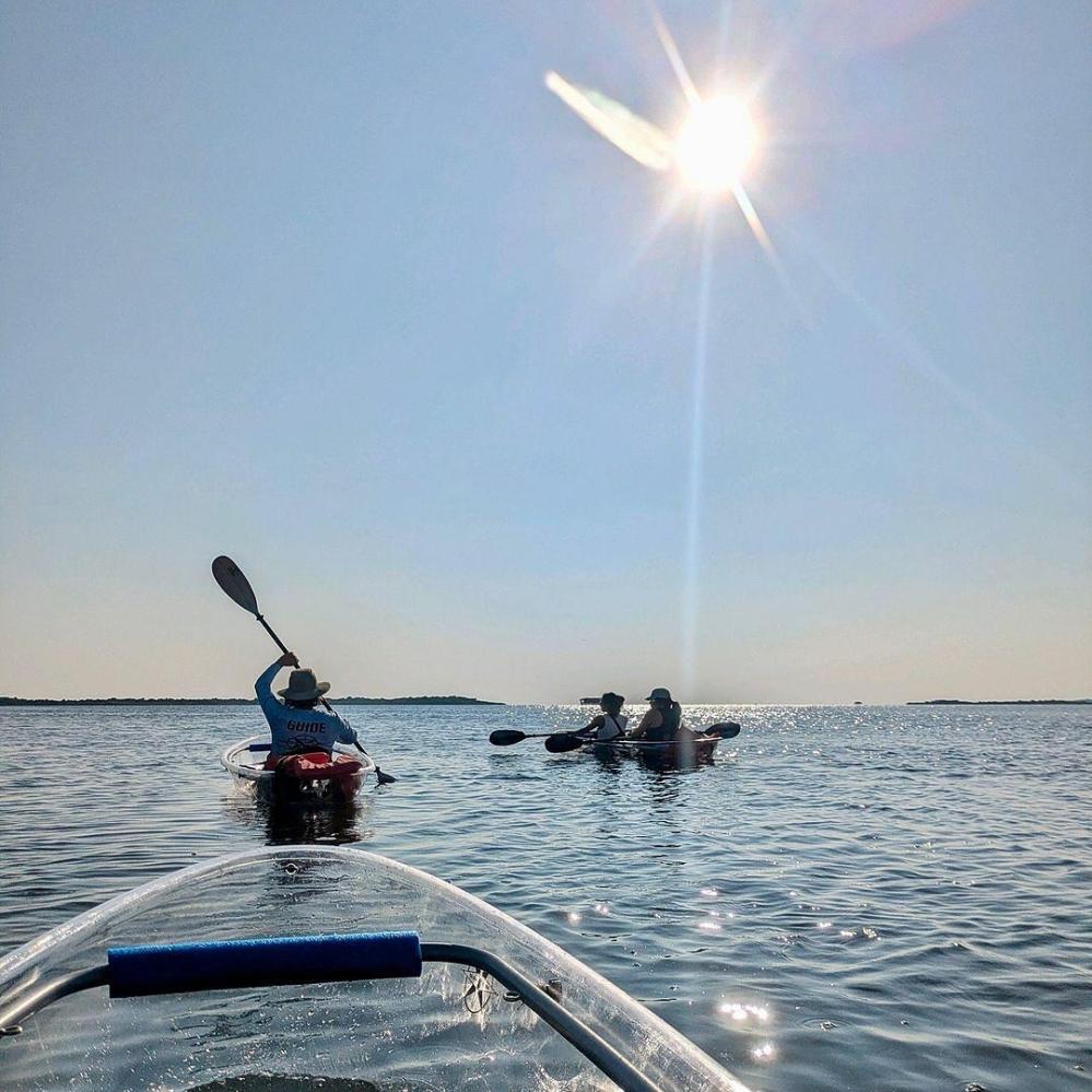Kayakers on calm water under a bright sun with clear skies.