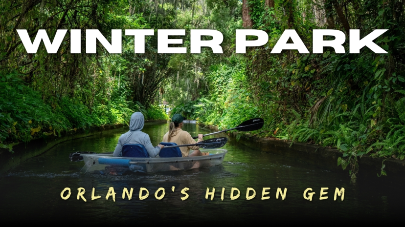 Two people kayaking through a lush, narrow waterway with 'Winter Park' text above.